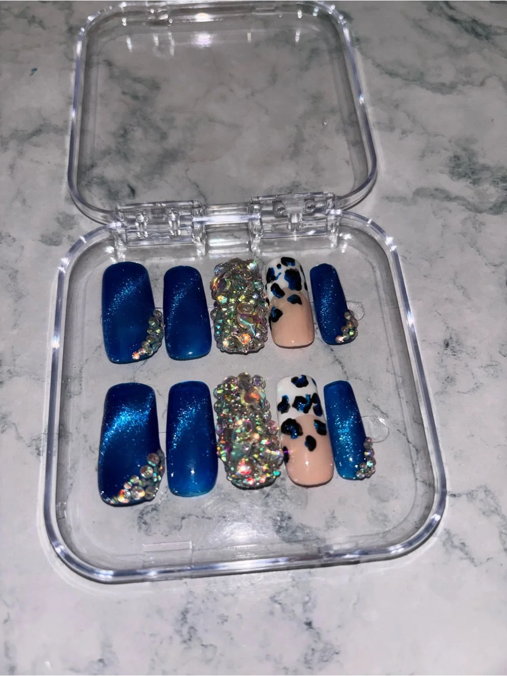 Blue Rhinestone & Leopard Print Press-On Nail Set